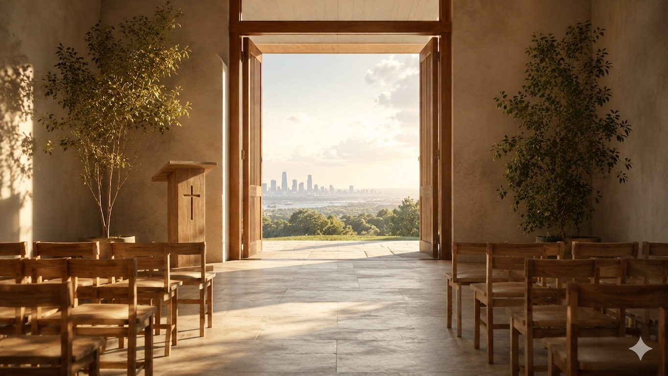 Chapel doors opening to a sunlit city skyline
